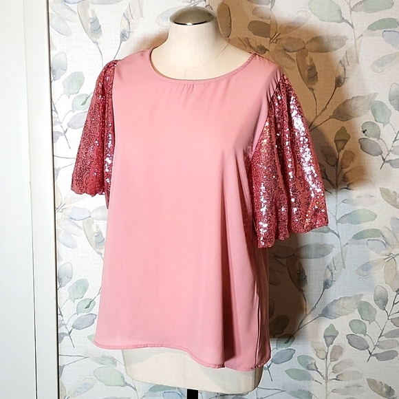 Haptics Pink Sequin Bubble Balloon Sleeve Shirt Tunic Sz S - Picture 2 of 10